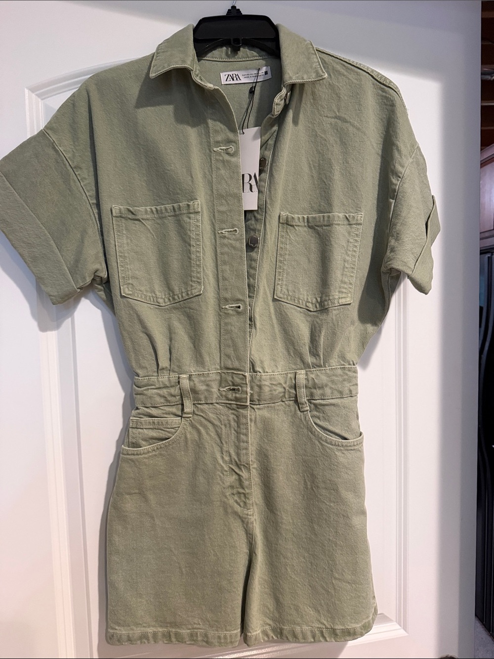 ZARA Sage Green Short Sleeve Denim Romper